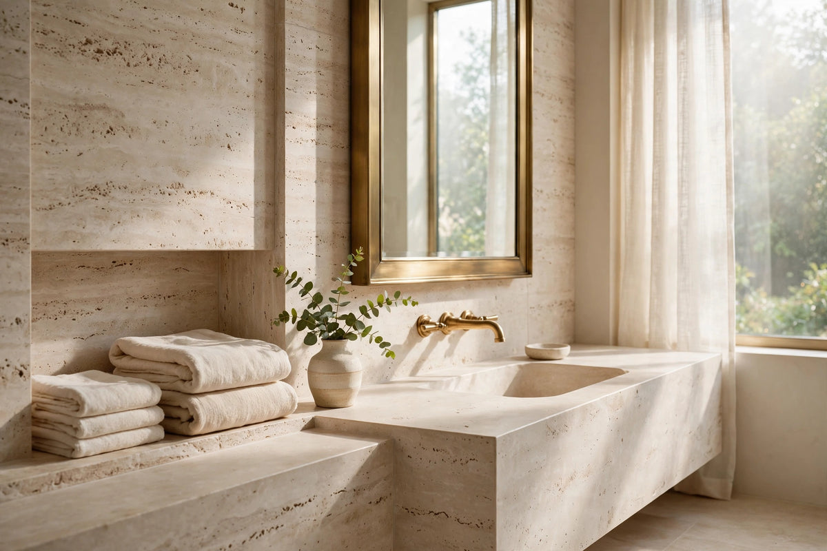 Travertine bathroom vanity with brass fixtures in morning light
