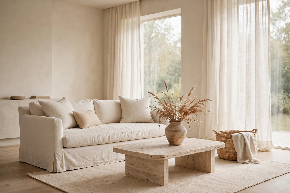 Serene neutral living room with linen sofa and travertine coffee table